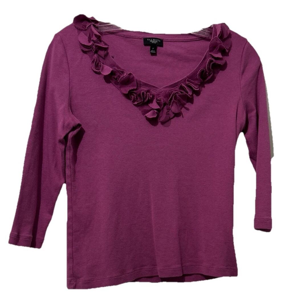 Talbots Petites Blouse Size P/XS Purple V-neck Jersey Top Floral Ruffle Tulle